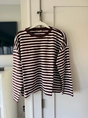 Madewell Burgundy and Cream Striped Long Sleeve Tee